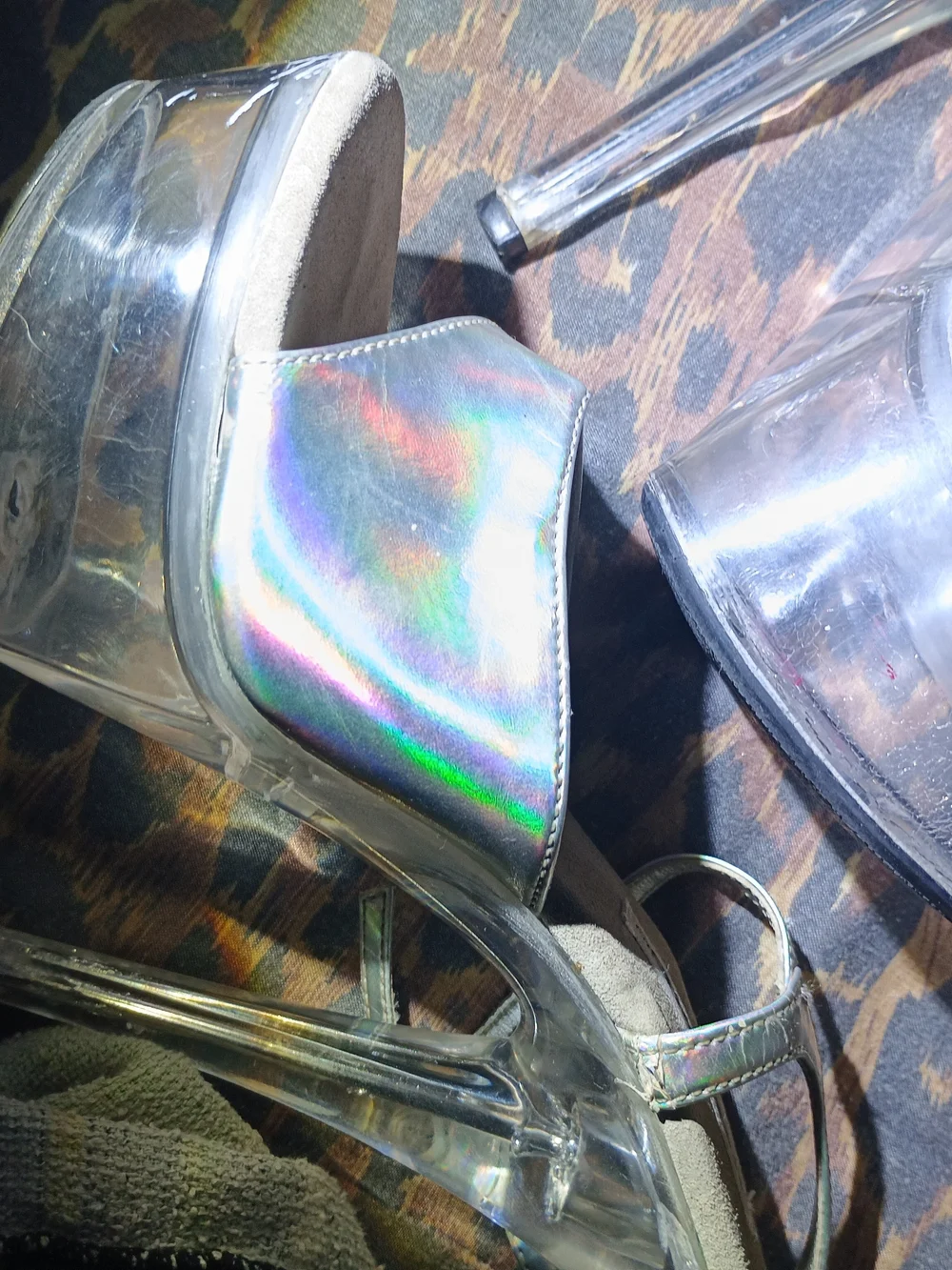 Delicious Metallic Silver Holographic Clear Platform Lucite Stiletto Heels